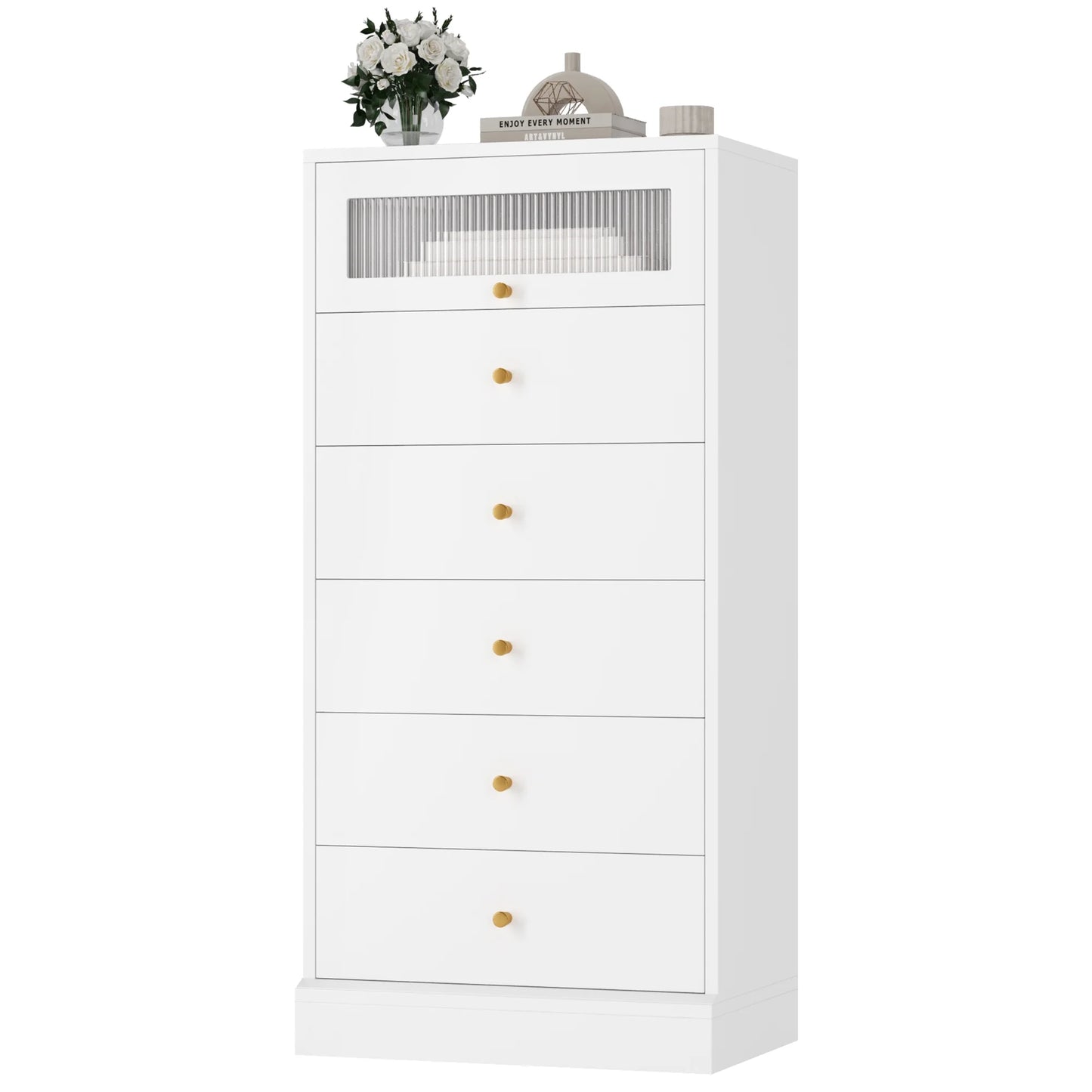 6 Drawer White Gold Dresser, 51.4" Tall Chest of Drawers with Glass Doors, Wood Storage Cabinet for Bedroom Living Room