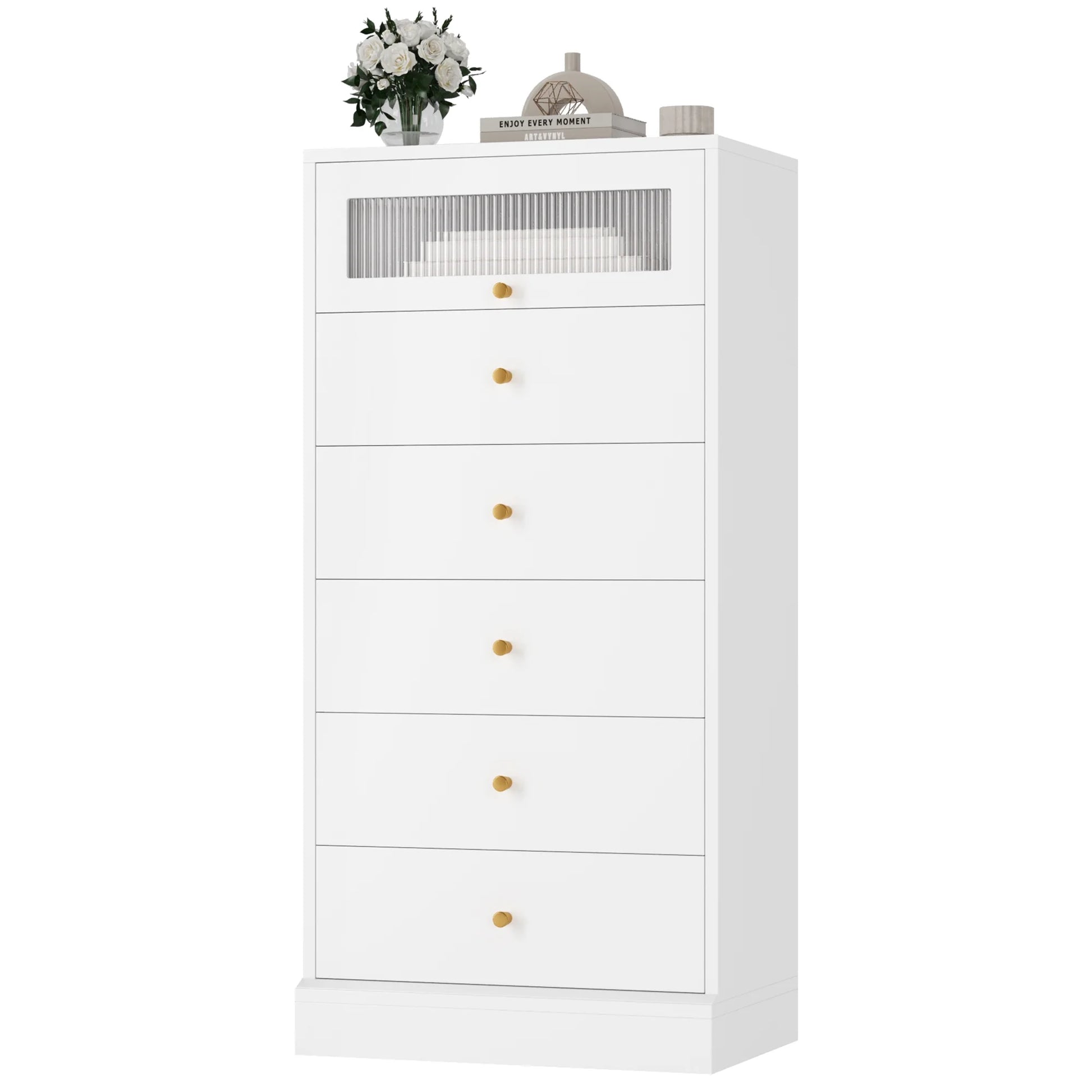 6 Drawer White Gold Dresser, 51.4" Tall Chest of Drawers with Glass Doors, Wood Storage Cabinet for Bedroom Living Room