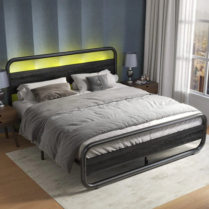 Queen Size Bed Frame with LED Light Headboard, Metal Platform Bed with Wooden Headboard, Black