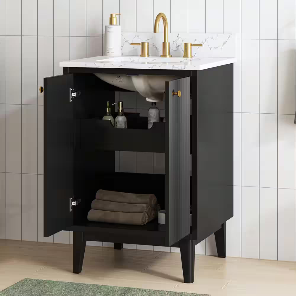 Sylvie 24 In. Single Sink Fluted Black Bath Vanity with Carrara Venato Engineered Stone Top (Assembled)