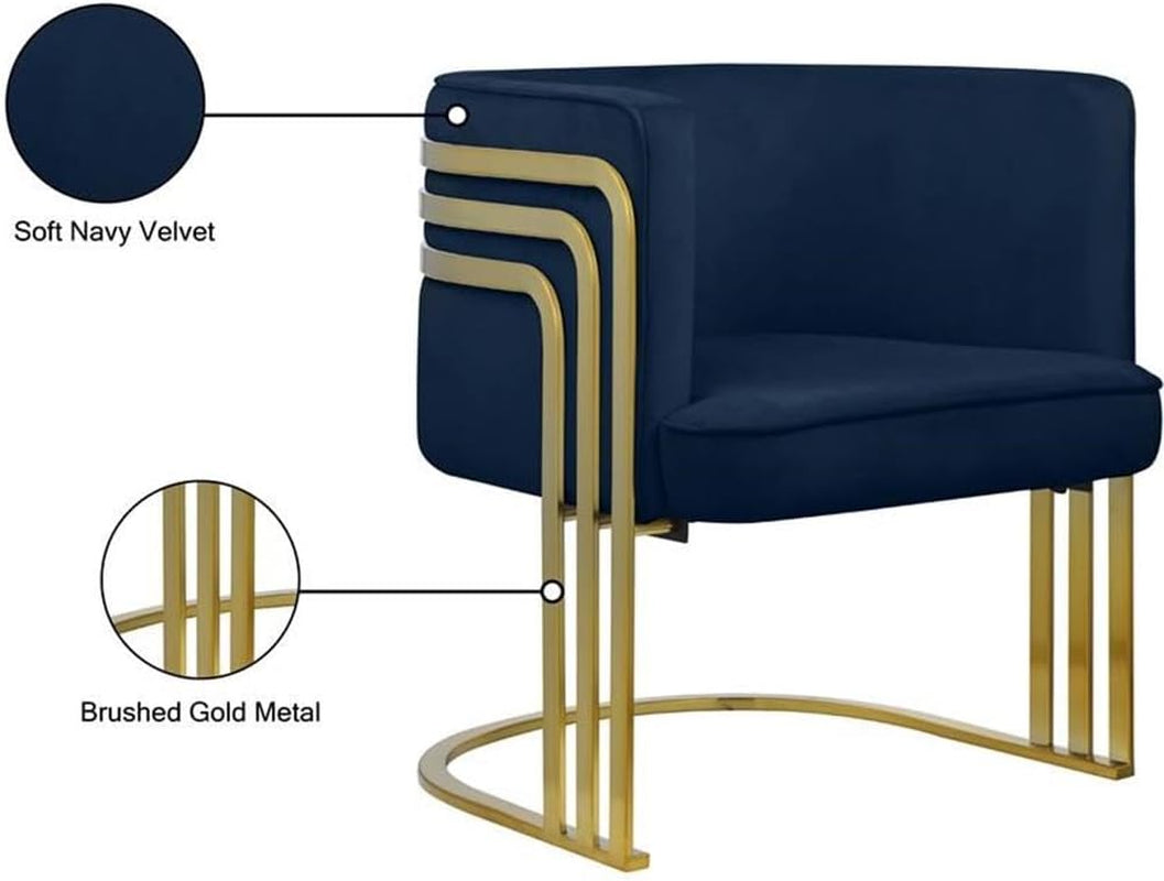 533Navy Rays Collection Velvet Upholstered Accent Chair with Brushed Gold Metal Finish, Navy, 27" W X 28.5" D X 30" H