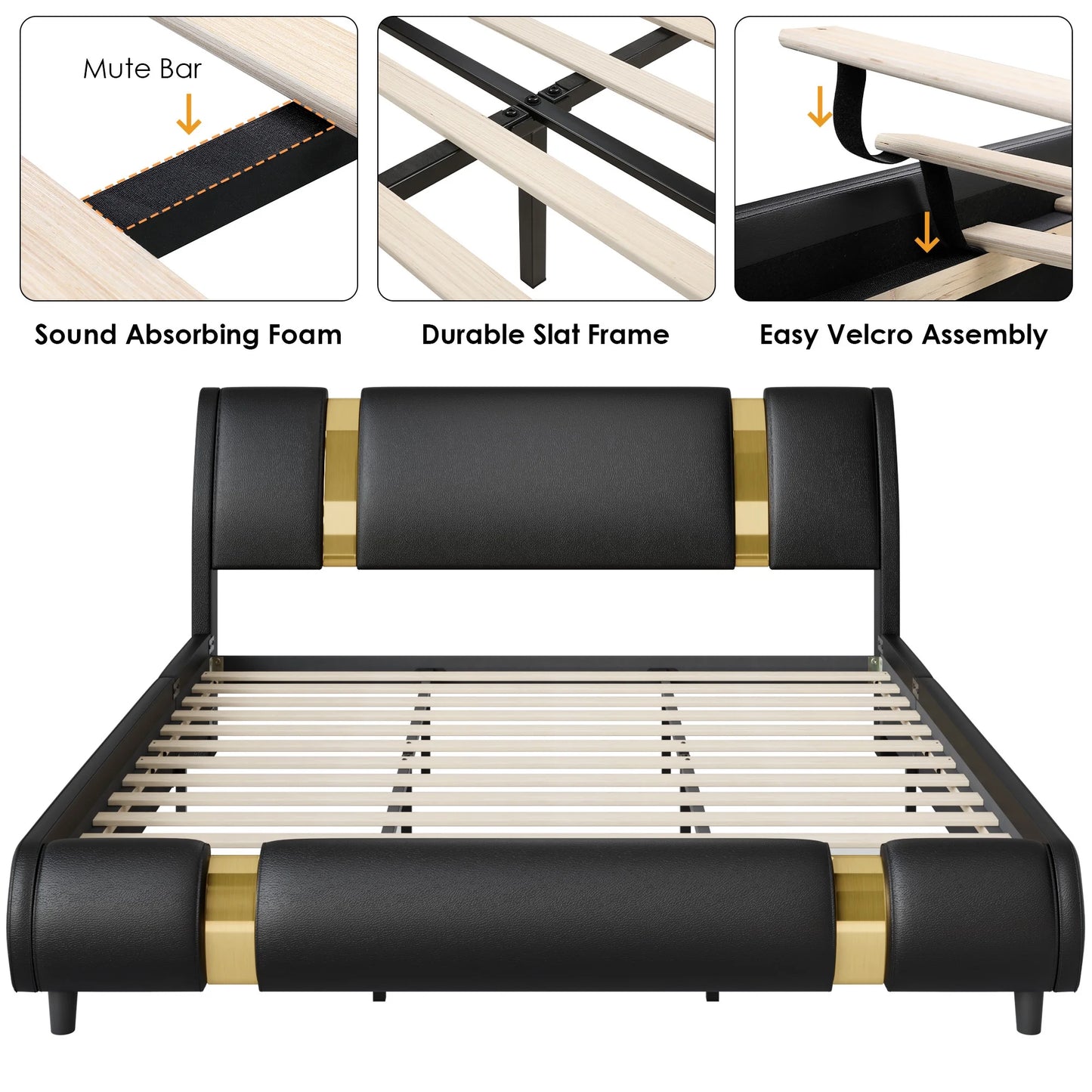 Queen Size Bed Frame, Modern Leather Upholstered Platform Bed Frame with Adjustable Headboard, Black & Gold