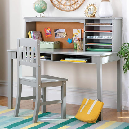 Kids Media Desk and Chair Set - Gray: Kids Table and Chair Set, Student'S Computer Workstation, Study Desk with Hutch and Storage Shelves | Kids' Wooden Bedroom Furniture Set