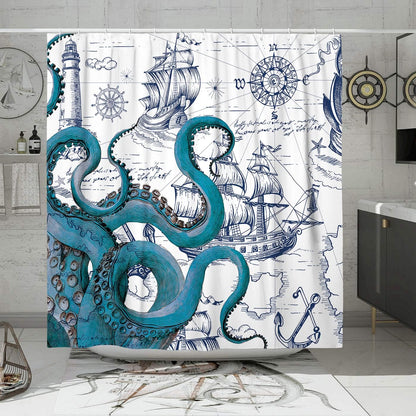 Blue Nautical Octopus Shower Curtain Set, Funny Ocean Kraken Shower Curtains for Bathroom, Beach Coastal Pirate Map Decor Polyester Fabric-72" X 72"