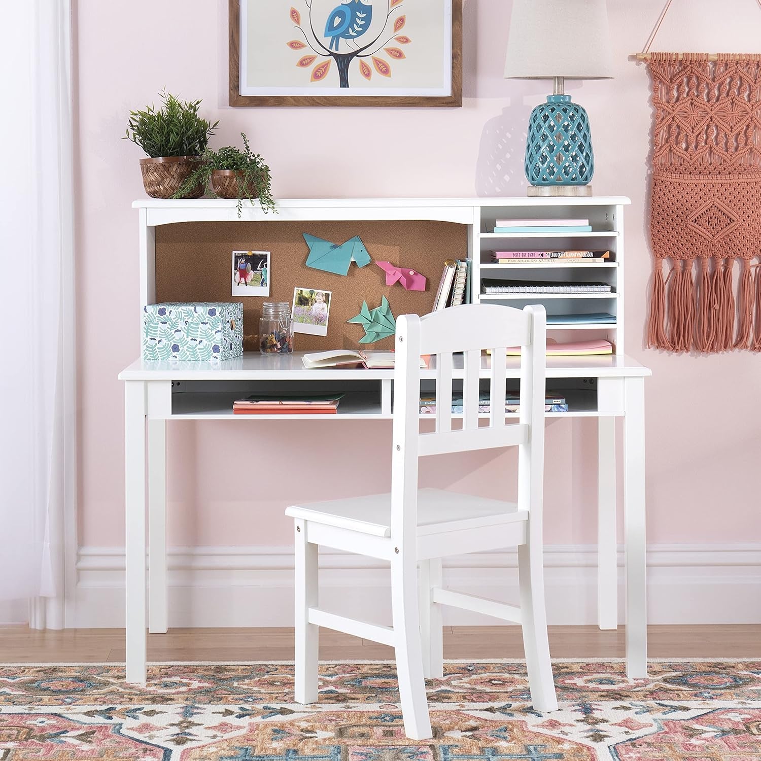 Kids Media Desk and Chair Set - White: Kids Writing Desk with Hutch and Storage Shelves, Computer Workstation with Corkboard, Wooden Desk Set for Boys and Girls