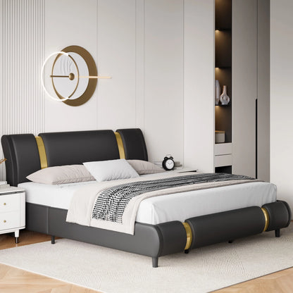 Queen Size Bed Frame, Modern Leather Upholstered Platform Bed Frame with Adjustable Headboard, Black & Gold