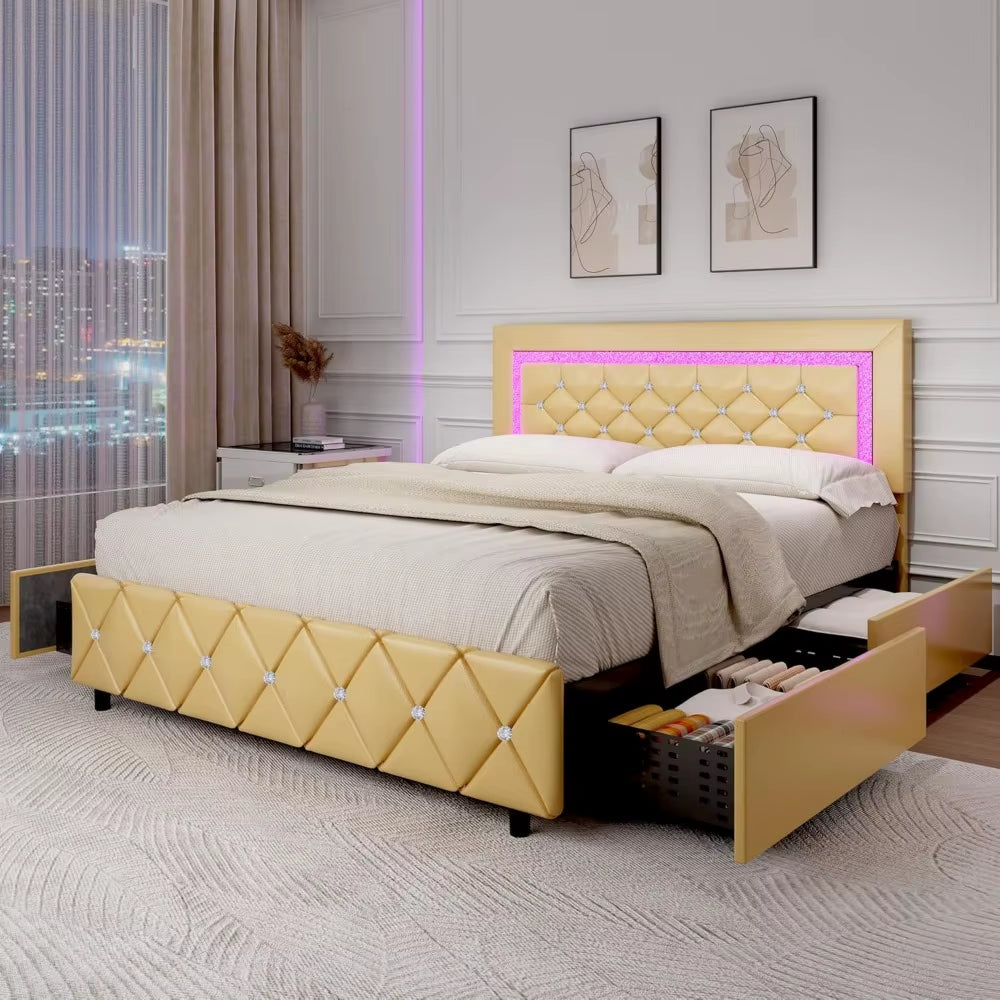 Queen Bed Frame with LED Lights, Upholstered Bed Frame with 4 Drawers, Modern Platform Bed with Crystal Headboard and Footboard.