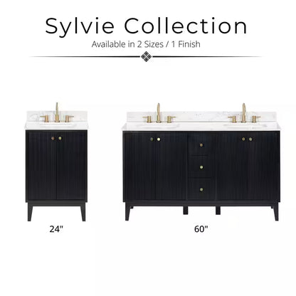 Sylvie 24 In. Single Sink Fluted Black Bath Vanity with Carrara Venato Engineered Stone Top (Assembled)