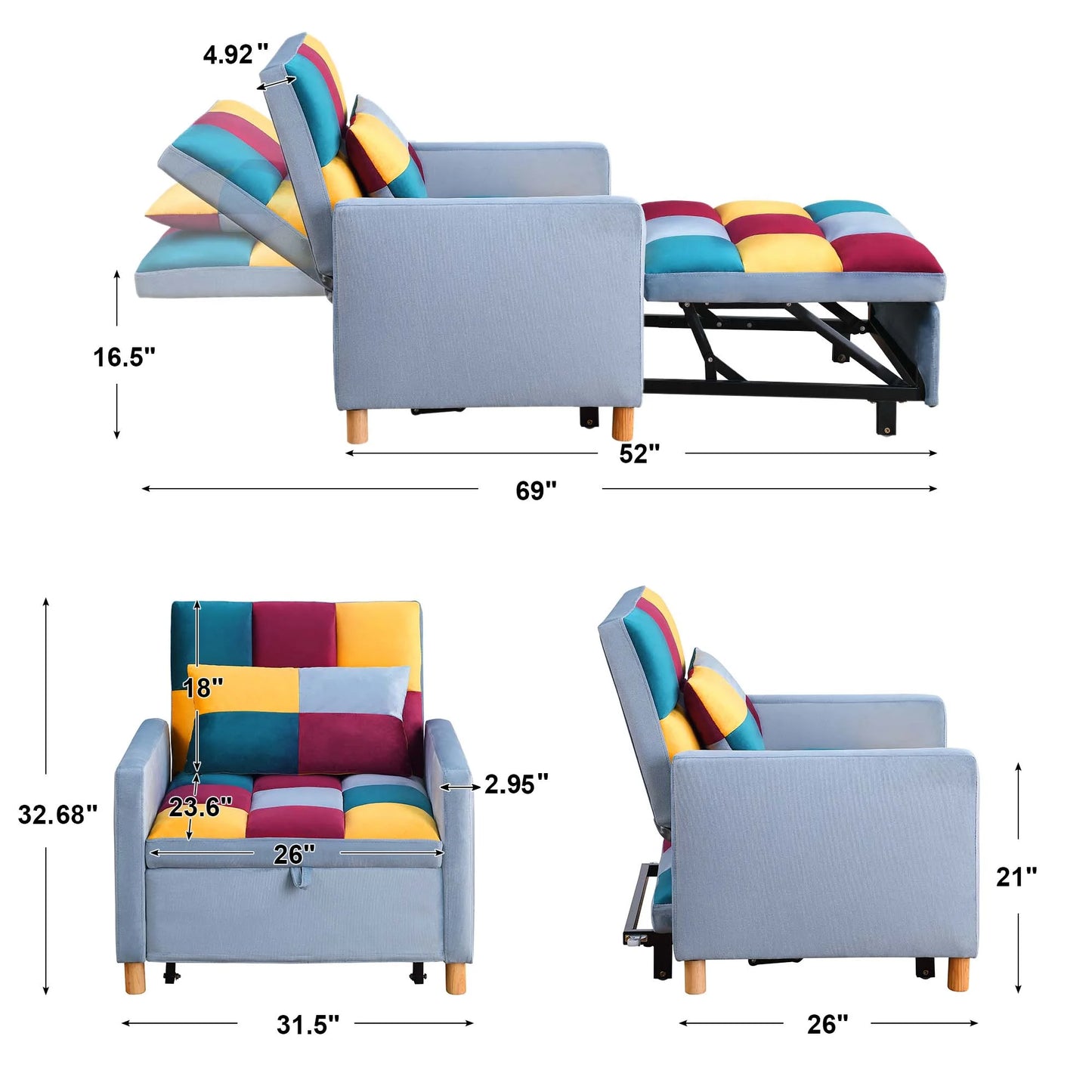 Convertible Sleeper Chair Bed, Futon Chair, Adjustable Angle Backrest Chaise - Patchwork