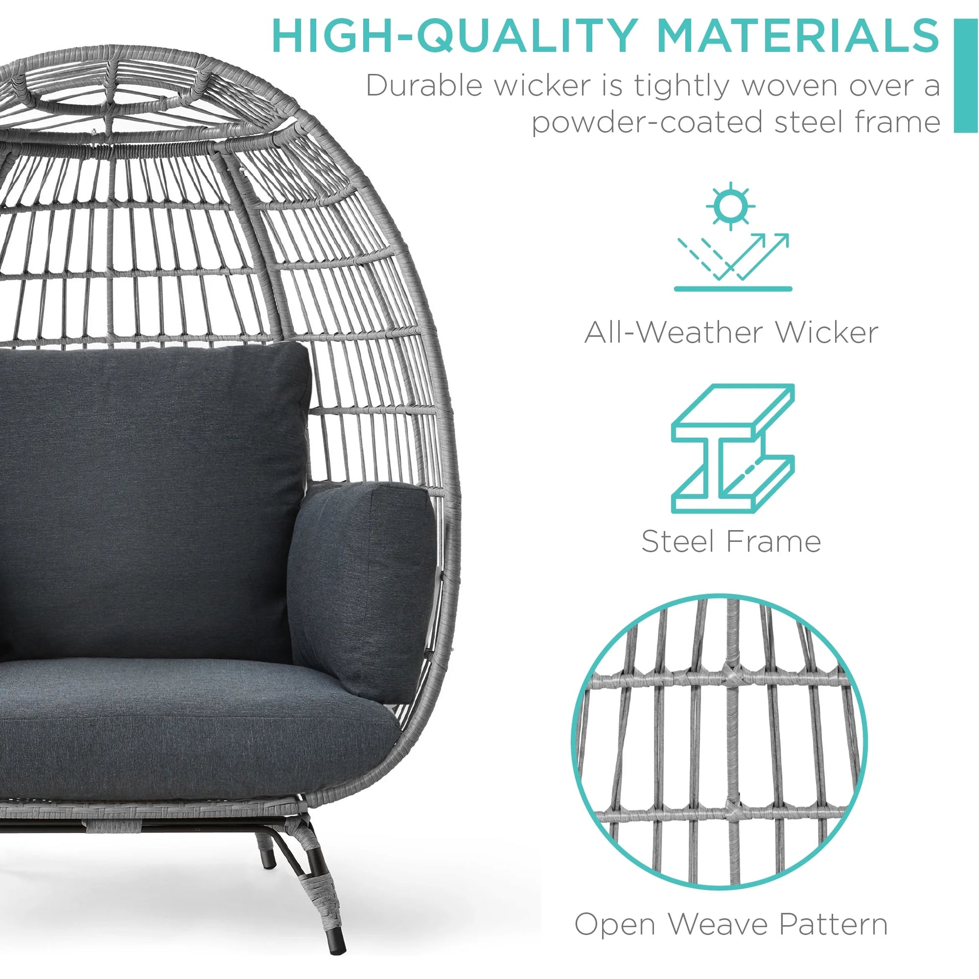 Wicker Egg Chair Oversized Indoor Outdoor Patio Lounger W/ 440Lb Capacity - Gray/Charcoal