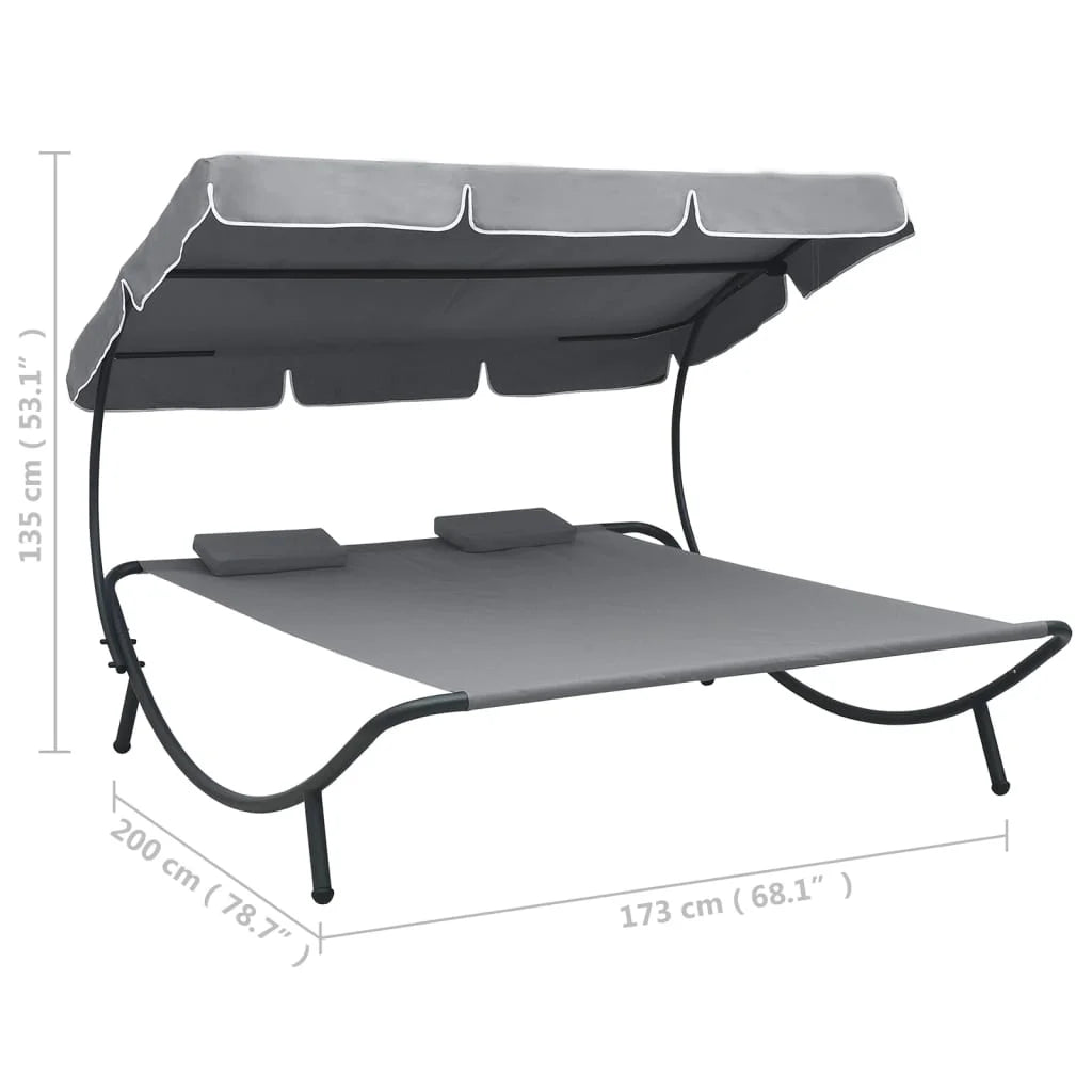 Outdoor Double Chaise Lounge Patio Lounge Bed with Canopy and Pillows