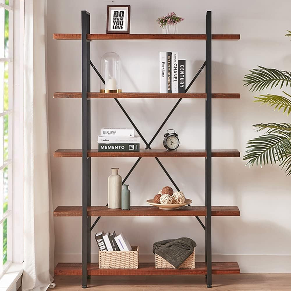 Natural Real Wood Bookcase, 5 Tier Industrial Rustic Vintage Etagere Bookshelf, Open Metal Farmhouse Solid Wooden Book Shelf, Distressed Brown