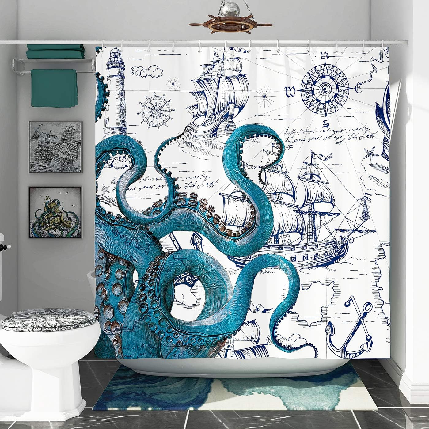 Blue Nautical Octopus Shower Curtain Set, Funny Ocean Kraken Shower Curtains for Bathroom, Beach Coastal Pirate Map Decor Polyester Fabric-72" X 72"