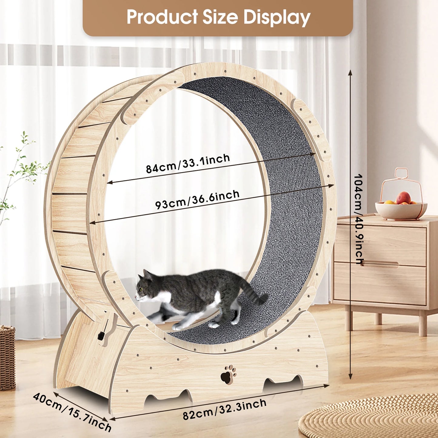 Cat Exercise Wheel, Cat Treadmill Wheel with Carpeted Runway for Daily Exercise, 37" Natural Wood Color