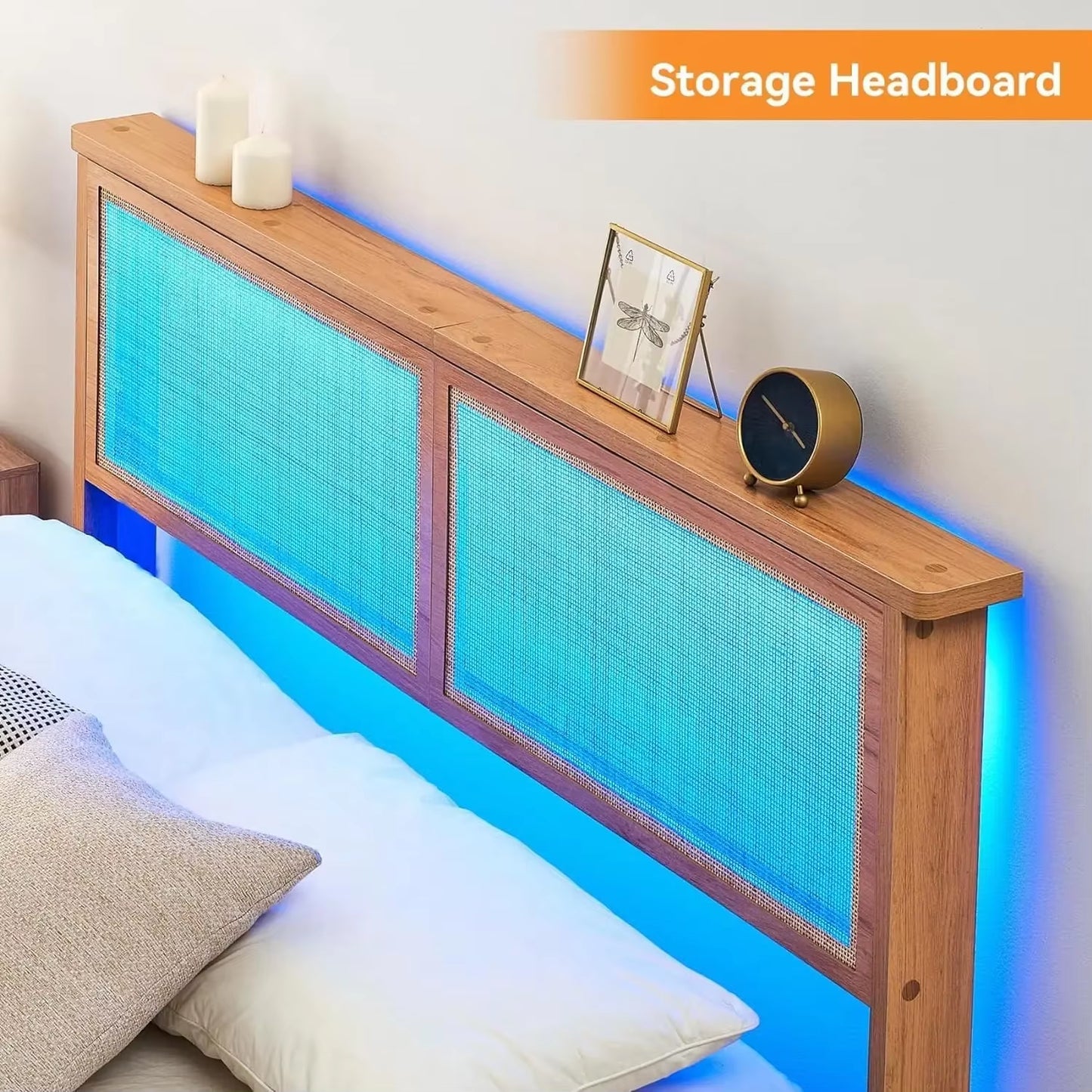 Bed Frame Queen with Natural Rattan Headboard,Queen Bed Frame with LED Lights,Rattan Queen Bed Frame with Headboard,Solid Wood