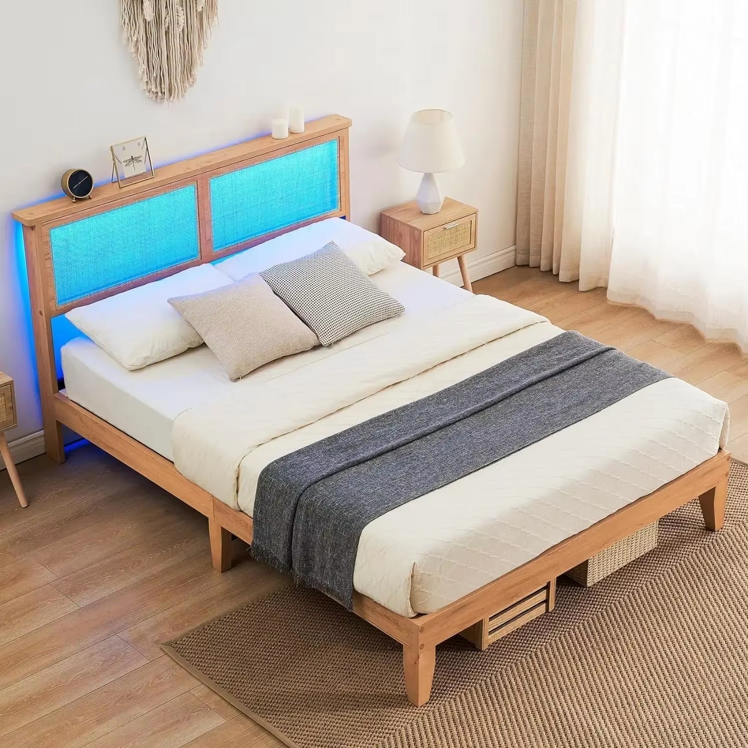 Bed Frame Queen with Natural Rattan Headboard,Queen Bed Frame with LED Lights,Rattan Queen Bed Frame with Headboard,Solid Wood