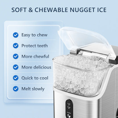 Nugget Ice Maker Countertop, Portable Ice Maker Machine with Self-Cleaning Function, 35Lbs/Day, Soft Chewable Pellet Ice, Silver