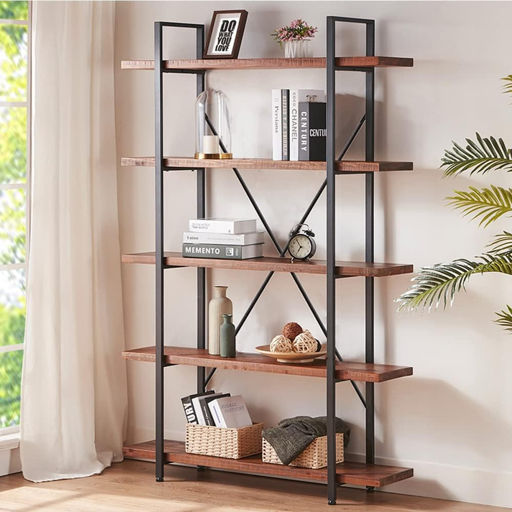 Natural Real Wood Bookcase, 5 Tier Industrial Rustic Vintage Etagere Bookshelf, Open Metal Farmhouse Solid Wooden Book Shelf, Distressed Brown