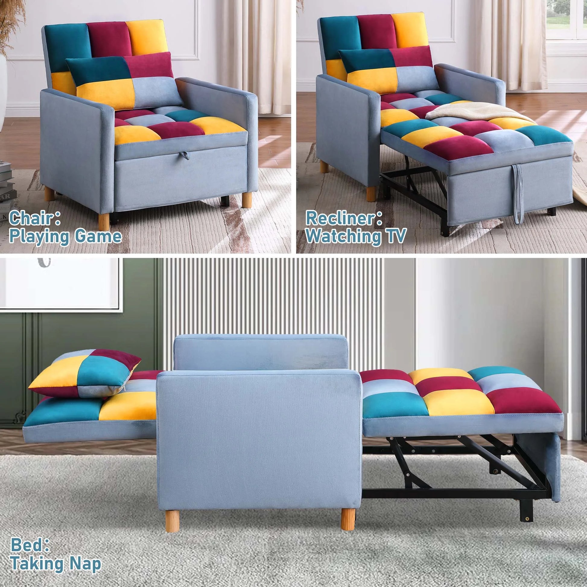 Convertible Sleeper Chair Bed, Futon Chair, Adjustable Angle Backrest Chaise - Patchwork