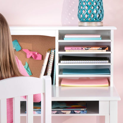 Kids Media Desk and Chair Set - White: Kids Writing Desk with Hutch and Storage Shelves, Computer Workstation with Corkboard, Wooden Desk Set for Boys and Girls