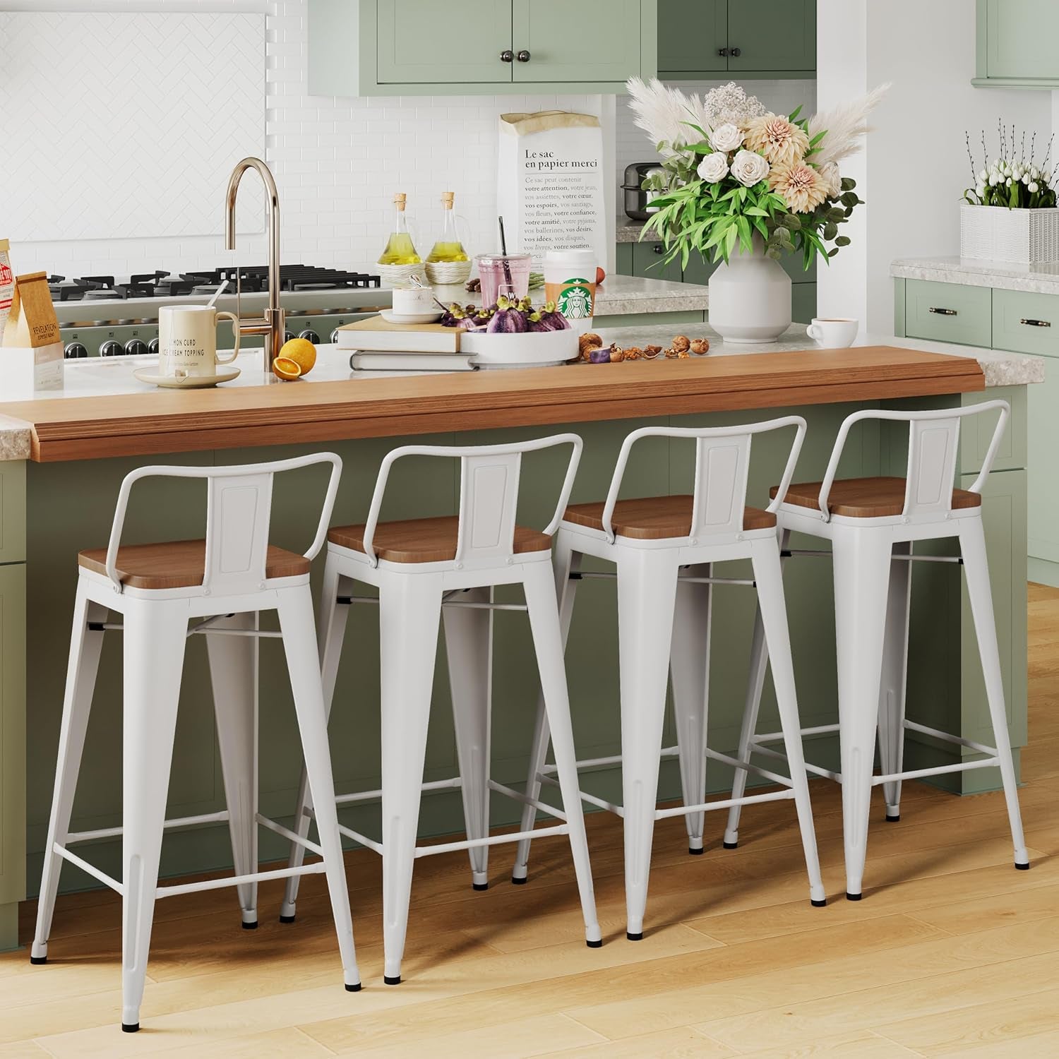 Modern Industrial Metal Barstool Counter Height Stools [Set of 4] Dining Chair (26", Low Back White Wooden Seat)