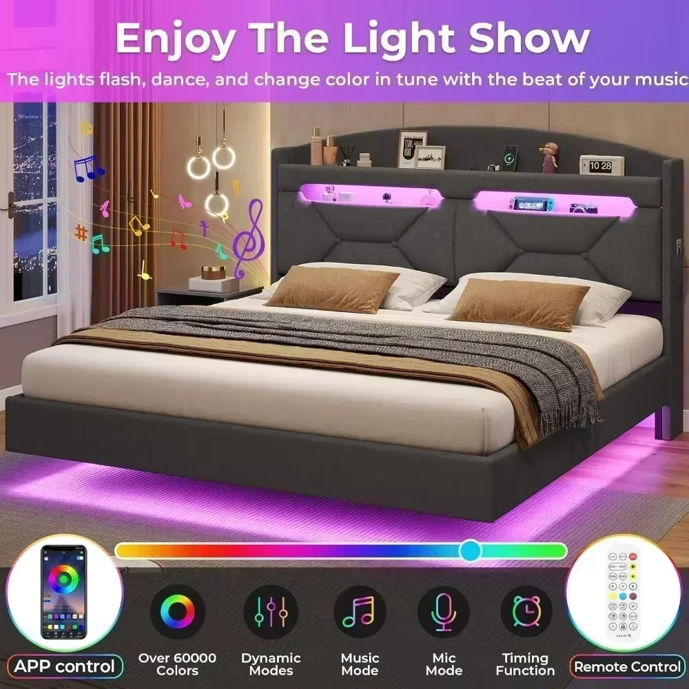 Bed Frame with Type-C Charging Station& Hidden Storage Headboard RGB Floating Platform Bed Bed Frame