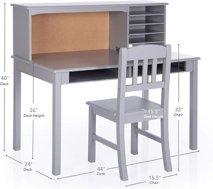 Kids Media Desk and Chair Set - Gray: Kids Table and Chair Set, Student'S Computer Workstation, Study Desk with Hutch and Storage Shelves | Kids' Wooden Bedroom Furniture Set