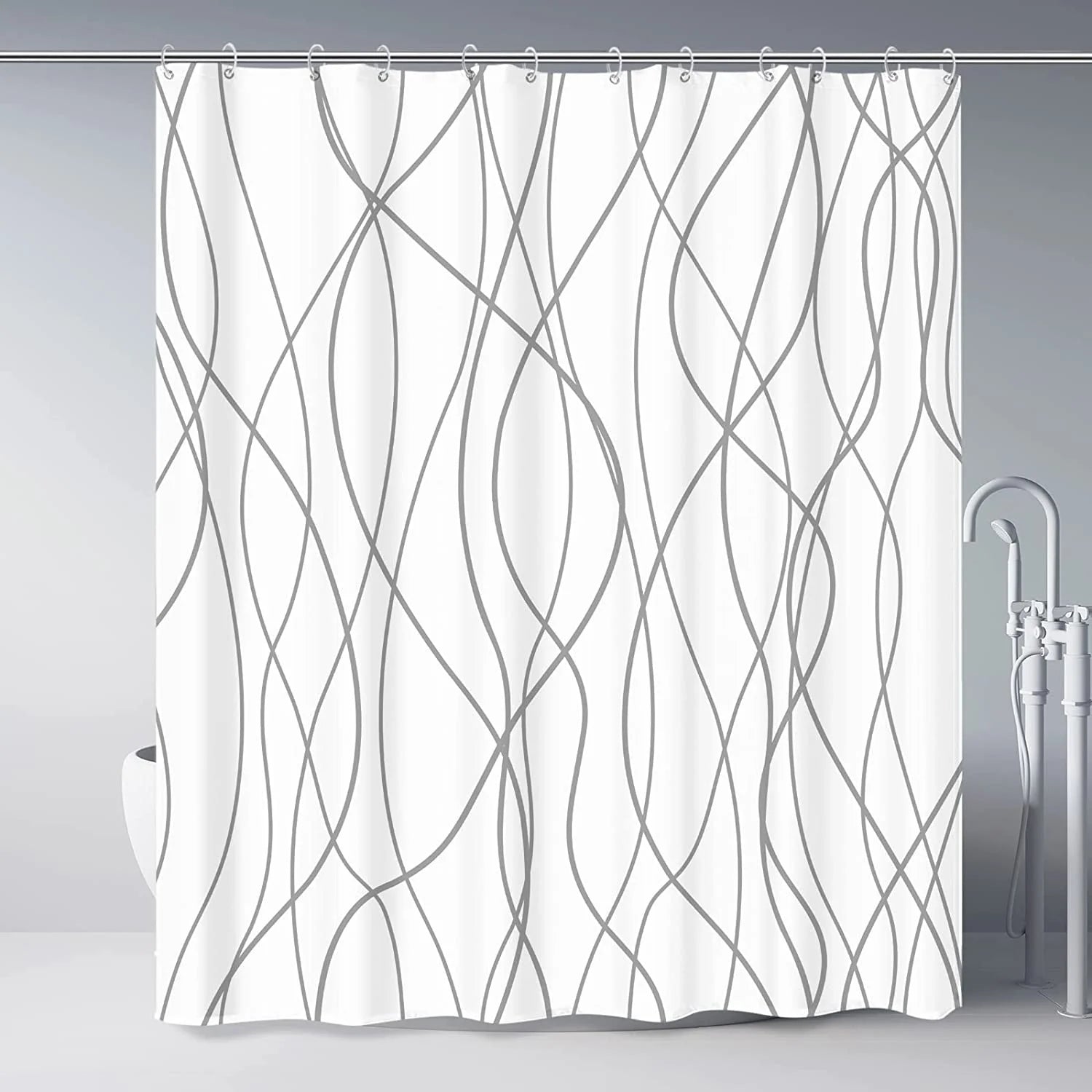 Grey and White Striped Fabric Shower Curtain for Bathroom with 12 Hooks, Shower Curtains for Bathroom 72 Inches Long, Waterproof Bath Accessories Hotel Style - Machine Washable