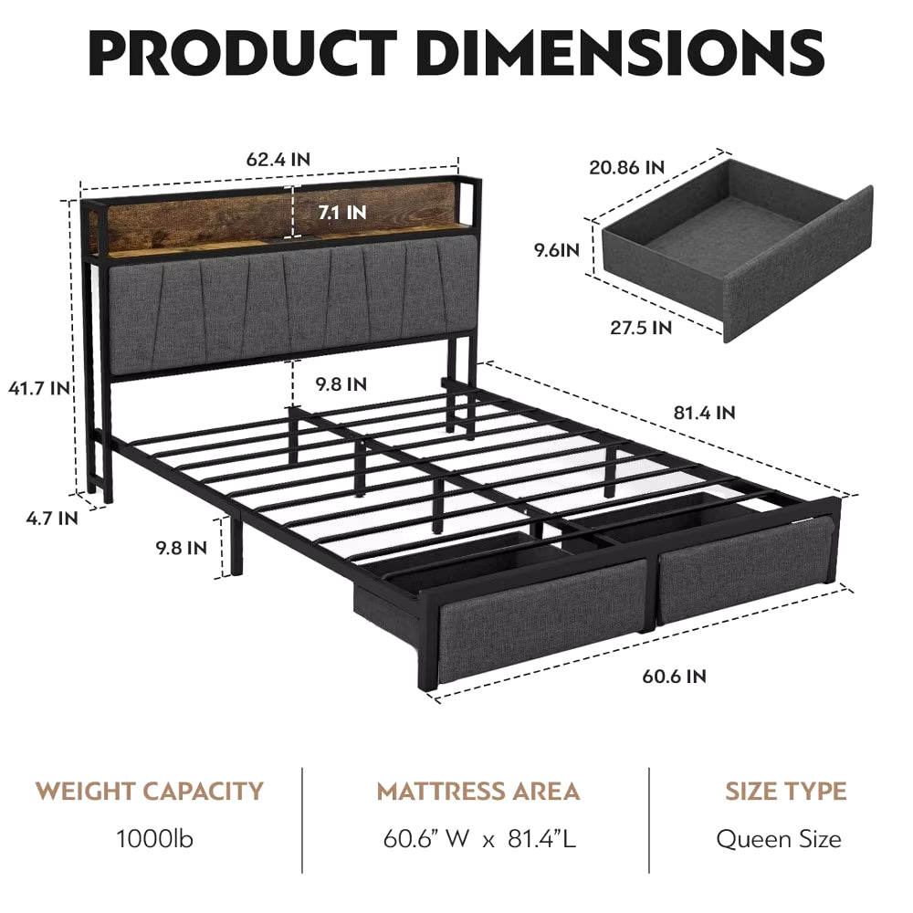 Queen Size Bed Frame with Headboard and Storage, Drawers Platform Bed Frame with Storage Chargin Station LED Light Bed Frame