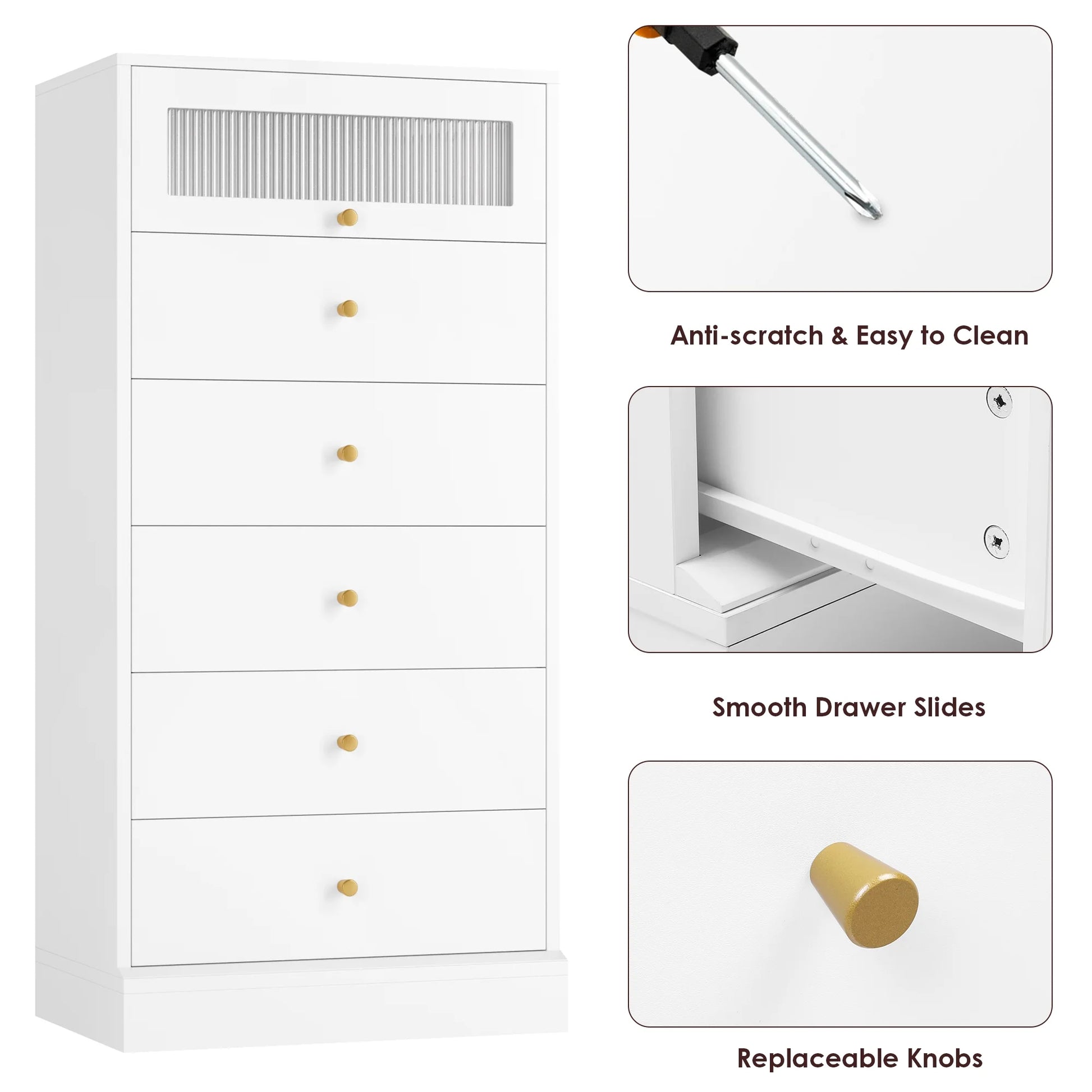 6 Drawer White Gold Dresser, 51.4" Tall Chest of Drawers with Glass Doors, Wood Storage Cabinet for Bedroom Living Room