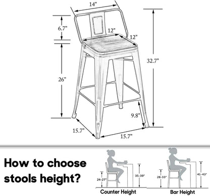 Modern Industrial Metal Barstool Counter Height Stools [Set of 4] Dining Chair (26", Low Back White Wooden Seat)