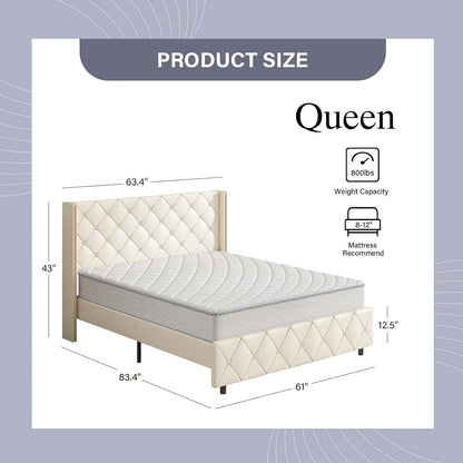 Queen Bed Frame, Upholstered Platform Queen Bed Frame with Headboard for Bedroom, No Box Spring Needed, Beige