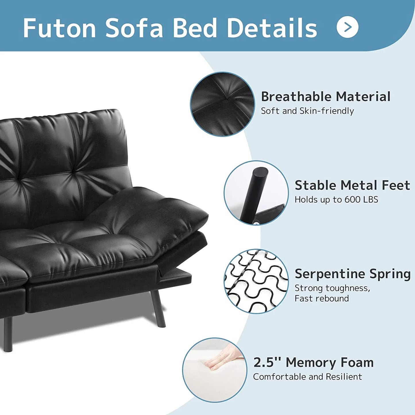 Convertible Futon Sofa Bed, Modern Sleeper Sofa, Black