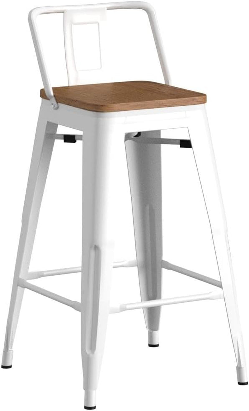 Modern Industrial Metal Barstool Counter Height Stools [Set of 4] Dining Chair (26", Low Back White Wooden Seat)