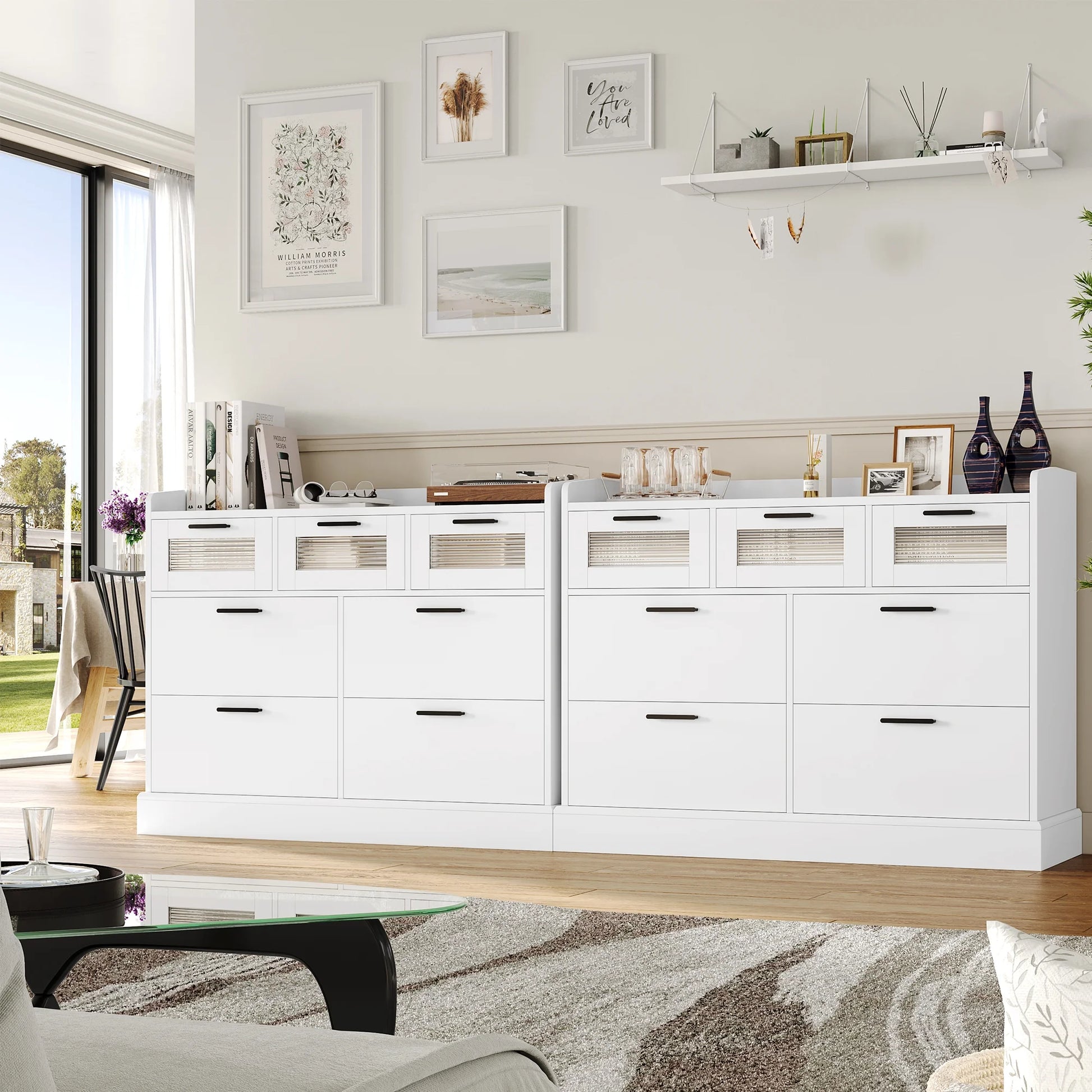 7 Drawer White Dresser for Bedroom, Glass Panel Wood Storage Cabinet for Living Room Dining Room