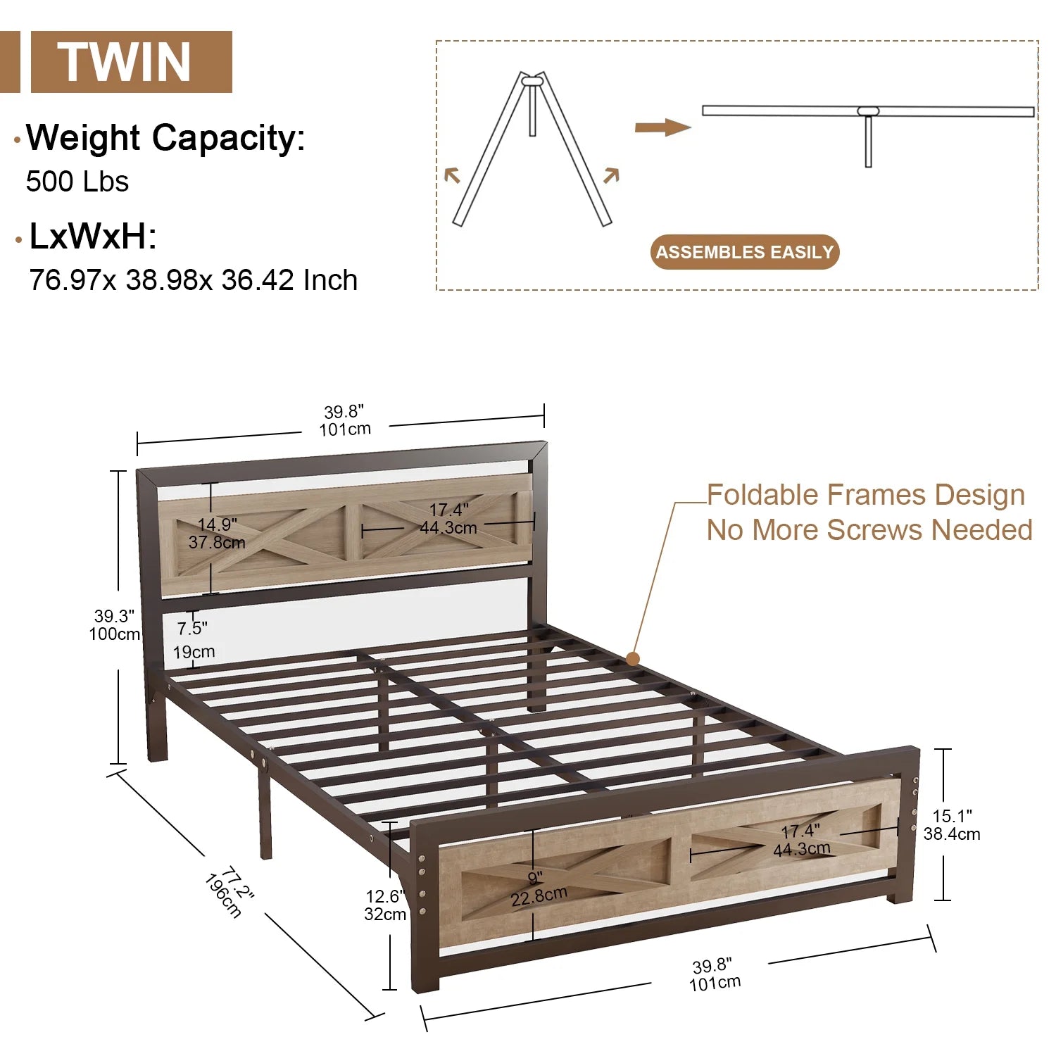 Platform Bed Frame with Headboard, Twin Size Bed