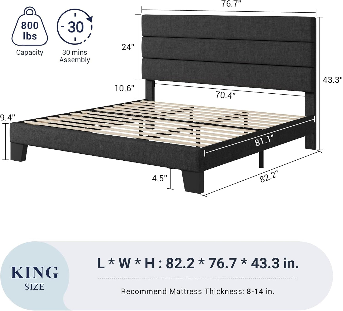 King Bed Frame Platform Bed with Fabric Upholstered Headboard and Wooden Slats Support, Fully Upholstered Mattress Foundation/No Box Spring Needed/Easy Assembly, Dark Grey