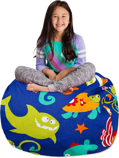 Posh Stuffable Kids Stuffed Animal Storage Bean Bag Chair Cover - Childrens Toy Organizer, Large-38 - Canvas Sea Creatures on Blue