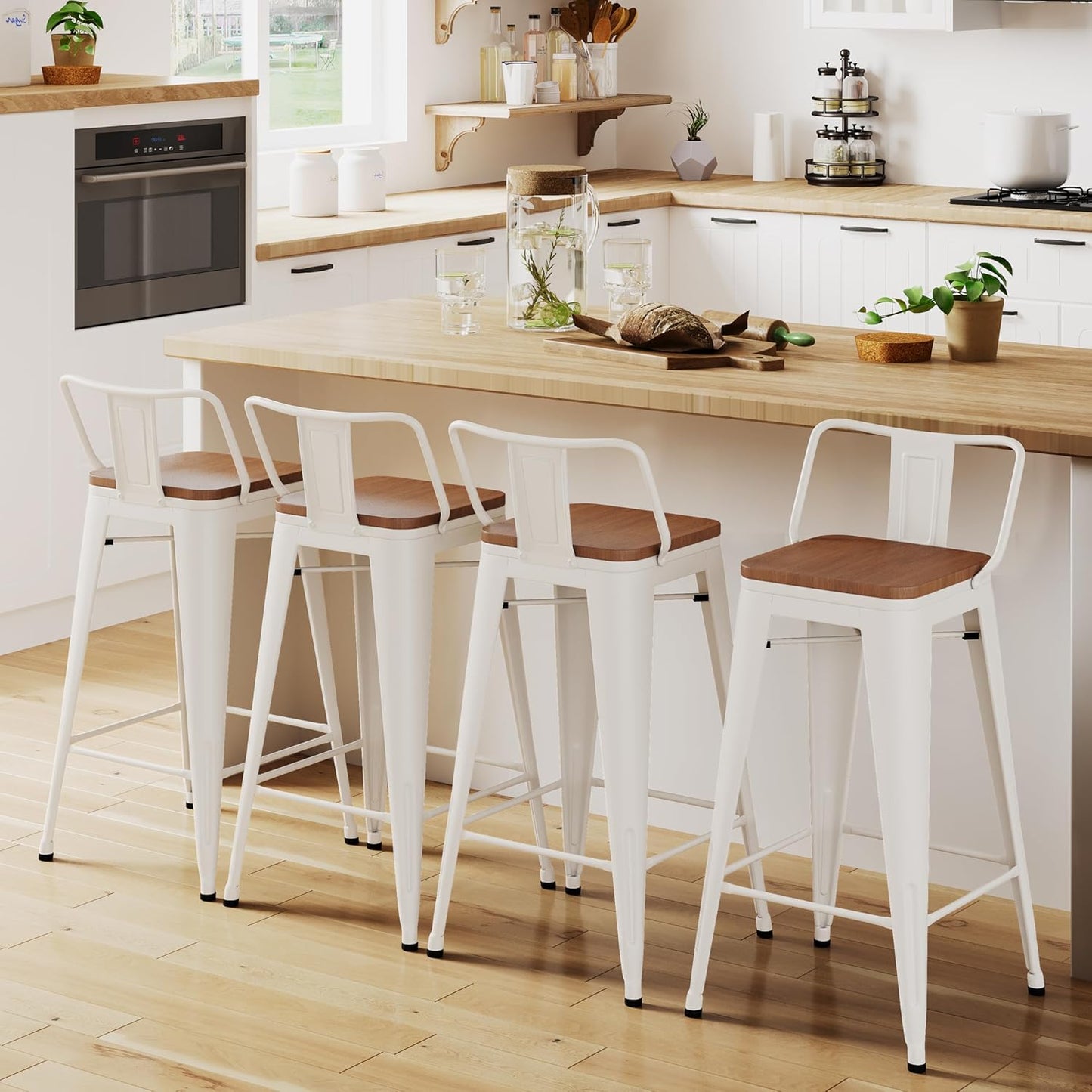 Modern Industrial Metal Barstool Counter Height Stools [Set of 4] Dining Chair (26", Low Back White Wooden Seat)