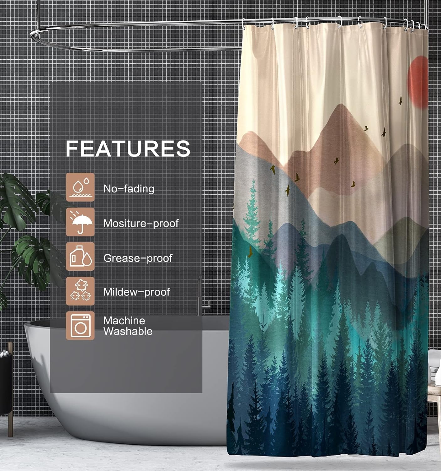 Shower Curtain Forest, Nature Shower Curtains, Bathroom Shower Curtain Sets, Shower Curtain for Bathroom Set with 12 Hooks, 72X72 Inch, Waterproof Polyester Fabric