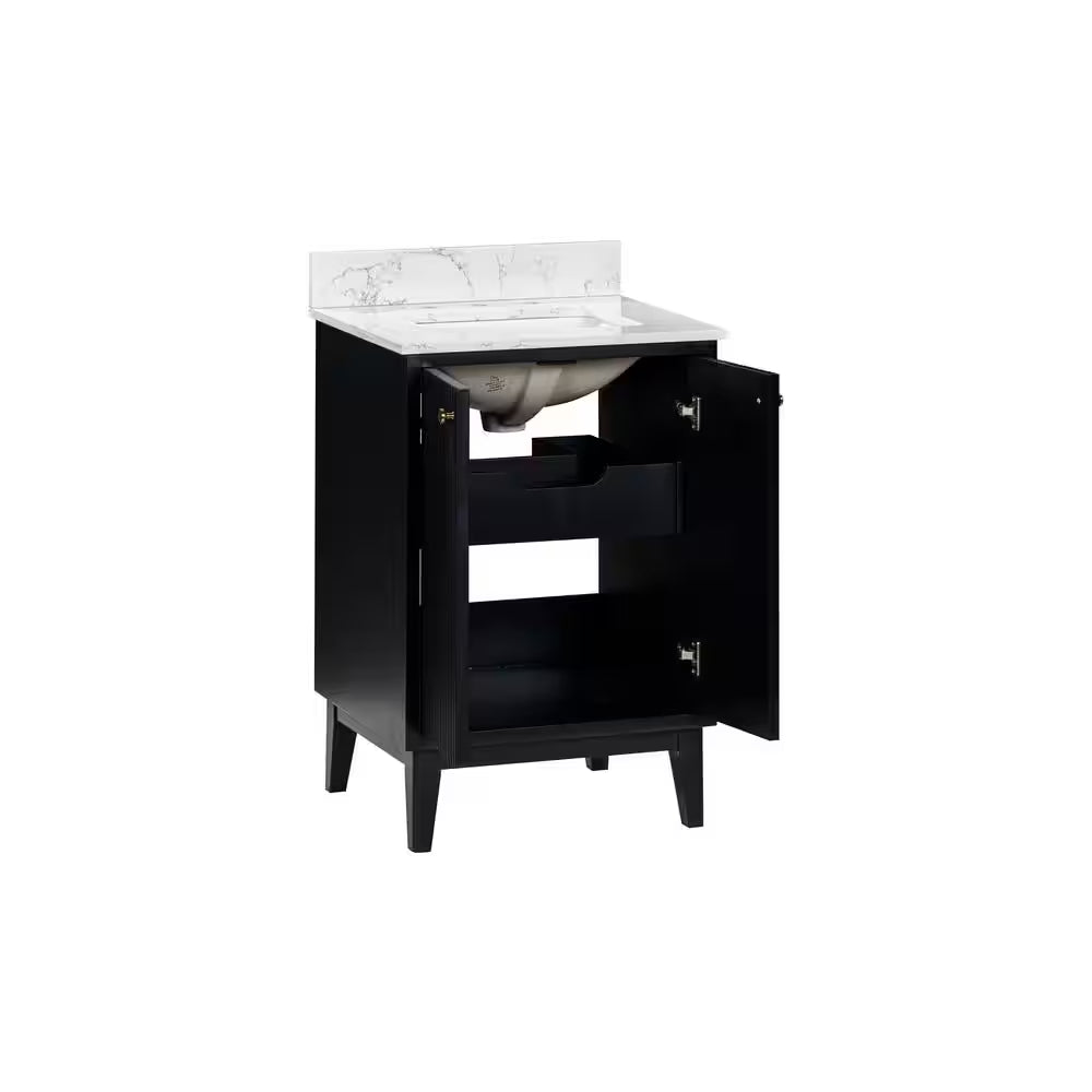 Sylvie 24 In. Single Sink Fluted Black Bath Vanity with Carrara Venato Engineered Stone Top (Assembled)