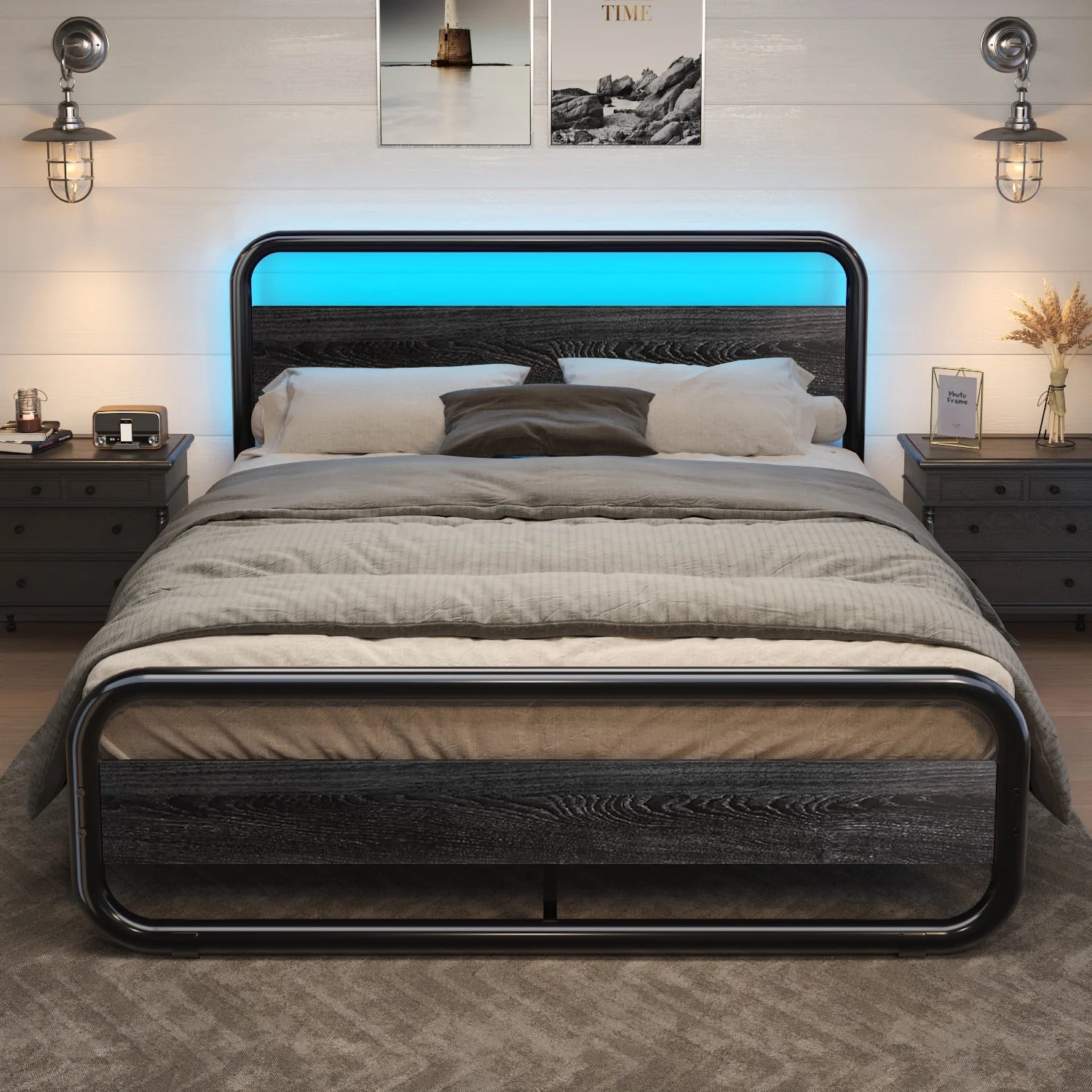 Queen Size Bed Frame with LED Light Headboard, Metal Platform Bed with Wooden Headboard, Black