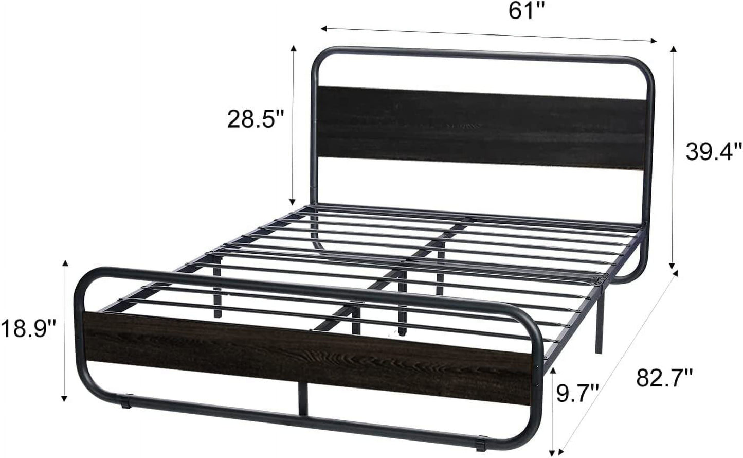 Queen Size Bed Frame with LED Light Headboard, Metal Platform Bed with Wooden Headboard, Black