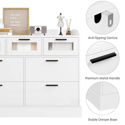 7 Drawer White Dresser for Bedroom, Glass Panel Wood Storage Cabinet for Living Room Dining Room