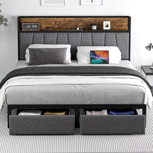 Queen Size Bed Frame with Headboard and Storage, Drawers Platform Bed Frame with Storage Chargin Station LED Light Bed Frame