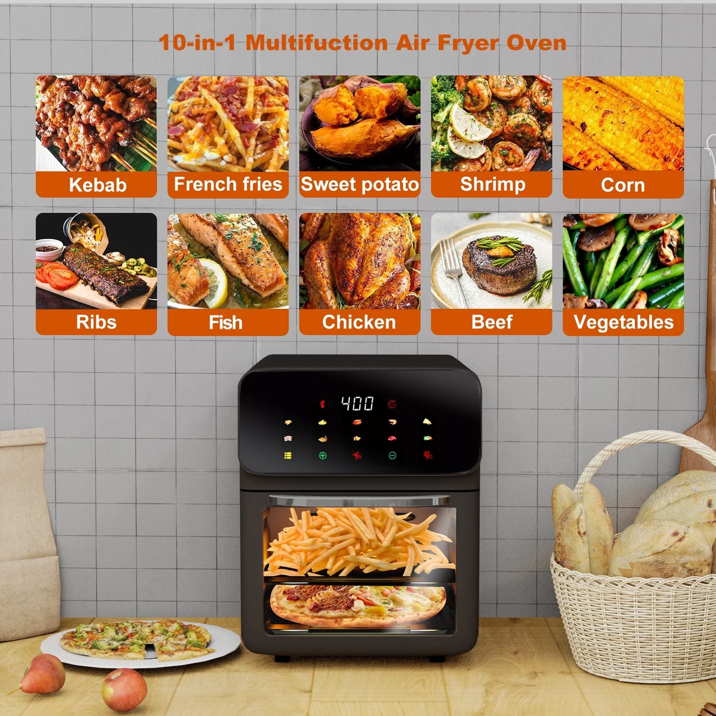 Air Fryer 12QT Convection Oven with Visible Window, 10-In-1 Multi Function and Touchscreen, Gray