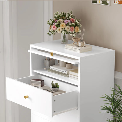 6 Drawer White Gold Dresser, 51.4" Tall Chest of Drawers with Glass Doors, Wood Storage Cabinet for Bedroom Living Room