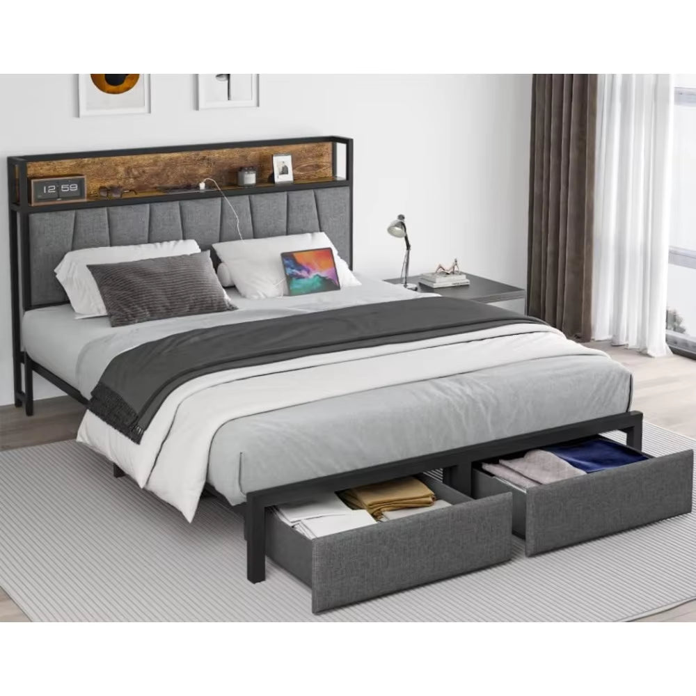 Queen Size Bed Frame with Headboard and Storage, Drawers Platform Bed Frame with Storage Chargin Station LED Light Bed Frame