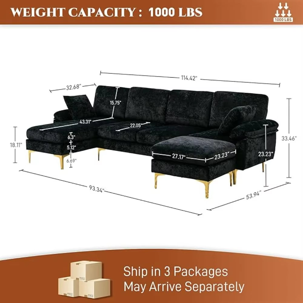 U-Shaped Sectional Sofa Couch, 4 Seat Sofa Set for Living Room, Convertible L-Shaped Velvet Couch Set