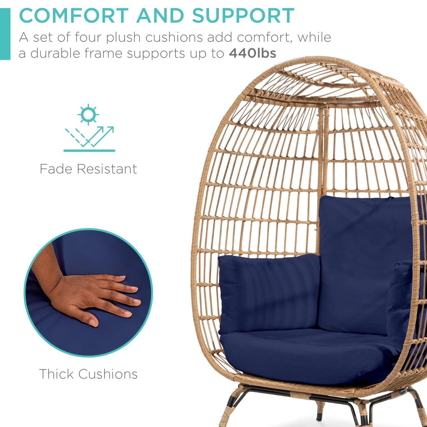 Wicker Egg Chair Oversized Indoor Outdoor Patio Lounger W/ Steel Frame, 440Lb Capacity - Navy